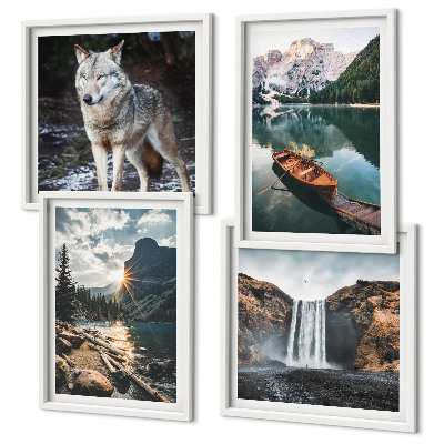 Conjunto de 4 quadros com moldura Montanhas, lagos, cachoeira, lobo