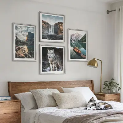 Conjunto de 4 quadros com moldura de montanhas, lagos, cachoeira e lobo