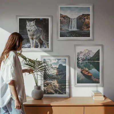 Conjunto de 4 quadros com moldura de montanhas, lagos, cachoeira e lobo