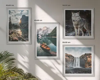 Conjunto de 4 quadros com moldura de montanhas, lagos, cachoeira e lobo