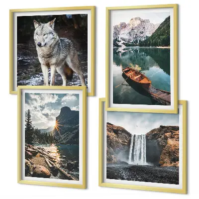 Conjunto de 4 quadros com moldura de montanhas, lagos, cachoeira e lobo