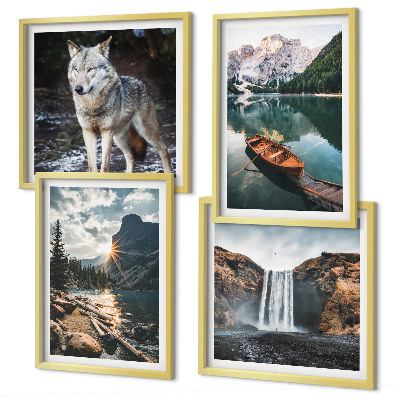 Conjunto de 4 quadros com moldura Montanhas, lagos, cachoeira, lobo