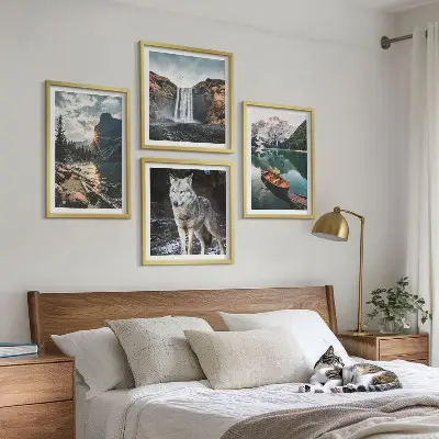 Conjunto de 4 quadros com moldura de montanhas, lagos, cachoeira e lobo