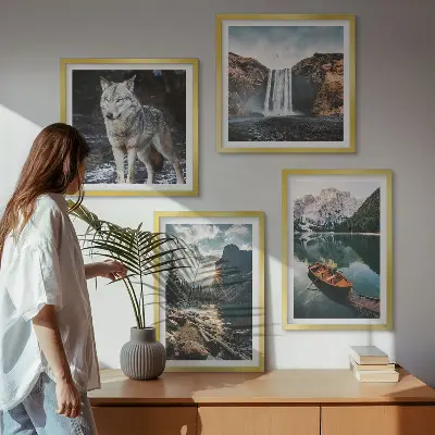 Conjunto de 4 quadros com moldura de montanhas, lagos, cachoeira e lobo