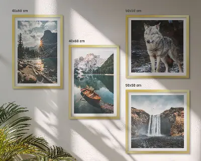 Conjunto de 4 quadros com moldura de montanhas, lagos, cachoeira e lobo