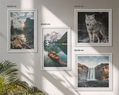 Conjunto de 4 quadros com moldura de montanhas, lagos, cachoeira e lobo