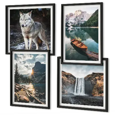 Conjunto de 4 quadros com moldura de montanhas, lagos, cachoeira e lobo