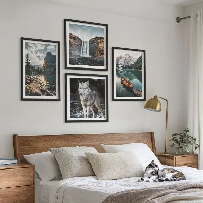 Conjunto de 4 quadros com moldura de montanhas, lagos, cachoeira e lobo