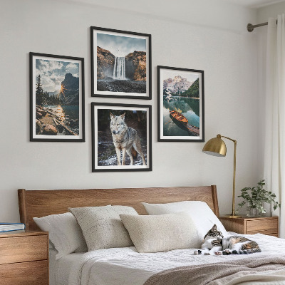 Conjunto de 4 quadros com moldura Montanhas, lagos, cachoeira, lobo