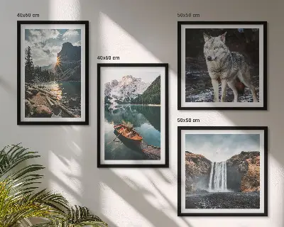 Conjunto de 4 quadros com moldura de montanhas, lagos, cachoeira e lobo