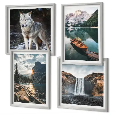 Conjunto de 4 quadros com moldura de montanhas, lagos, cachoeira e lobo