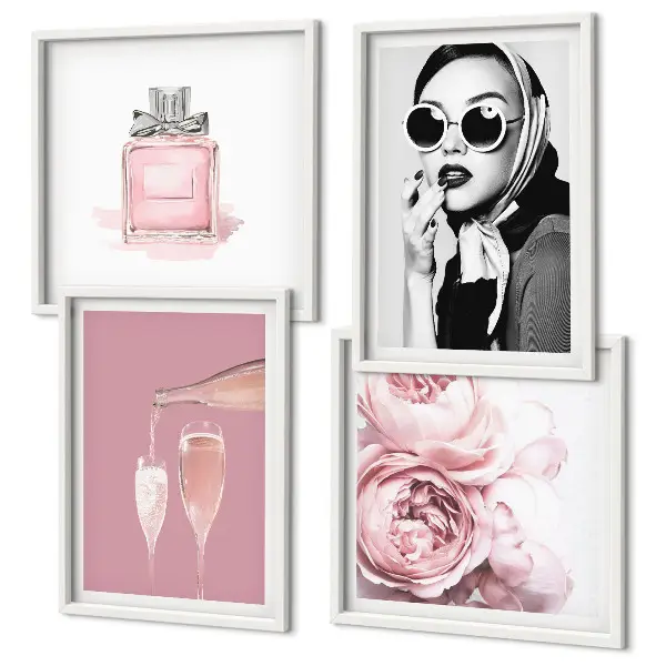 Composição de quadros com acessórios rosa estilosos