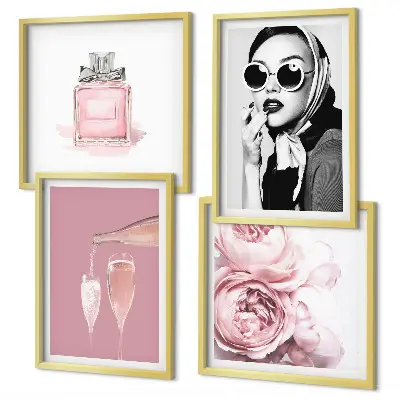 Composição de quadros com acessórios rosa estilosos