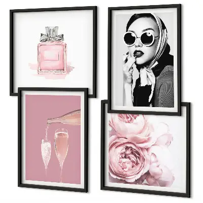 Composição de quadros com acessórios rosa estilosos
