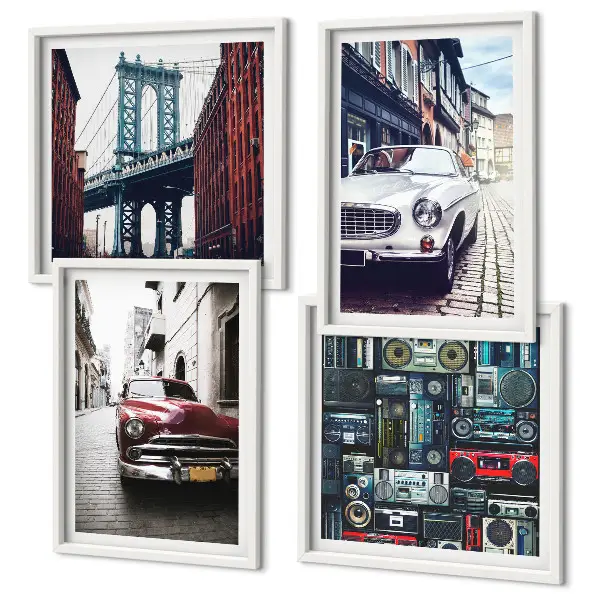 Conjunto de 4 quadros com moldura de carros antigos com temática de áudio retrô Brooklyn