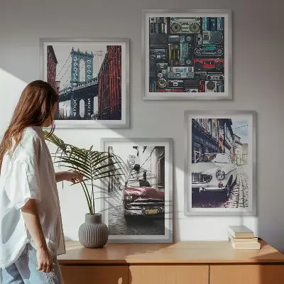 Conjunto de 4 quadros com moldura de carros antigos com temática de áudio retrô Brooklyn