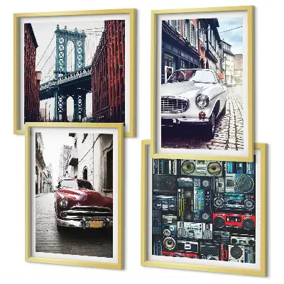 Conjunto de 4 quadros com moldura de carros antigos com temática de áudio retrô Brooklyn
