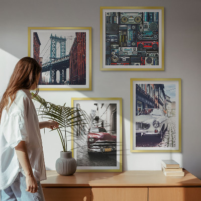 Conjunto de 4 quadros com moldura Carros antigos Brooklyn áudio retrô