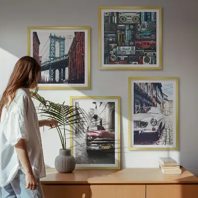 Conjunto de 4 quadros com moldura de carros antigos com temática de áudio retrô Brooklyn