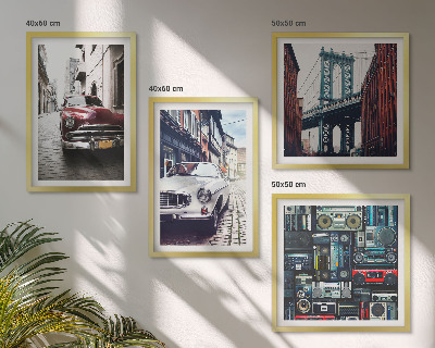 Conjunto de 4 quadros com moldura Carros antigos Brooklyn áudio retrô