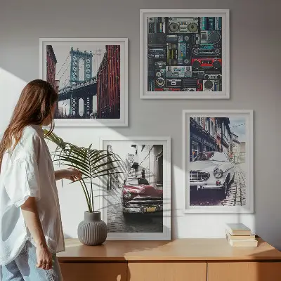 Conjunto de 4 quadros com moldura de carros antigos com temática de áudio retrô Brooklyn
