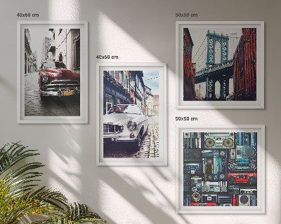 Conjunto de 4 quadros com moldura Carros antigos Brooklyn áudio retrô