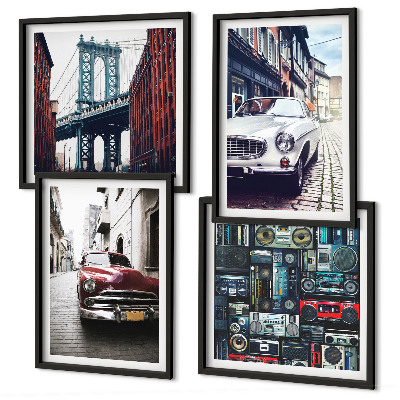 Conjunto de 4 quadros com moldura Carros antigos Brooklyn áudio retrô