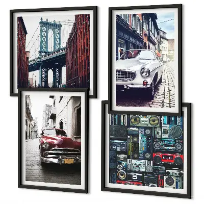 Conjunto de 4 quadros com moldura de carros antigos com temática de áudio retrô Brooklyn