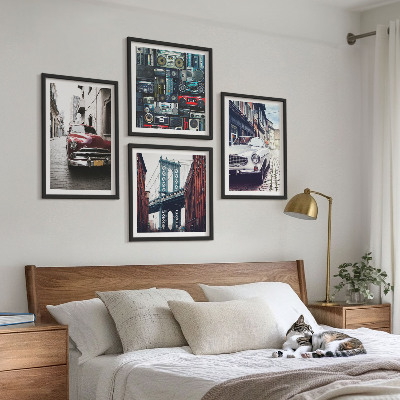 Conjunto de 4 quadros com moldura Carros antigos Brooklyn áudio retrô