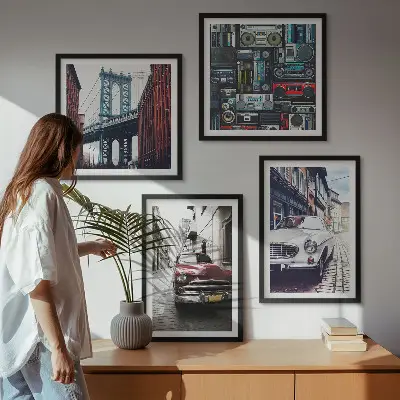 Conjunto de 4 quadros com moldura de carros antigos com temática de áudio retrô Brooklyn