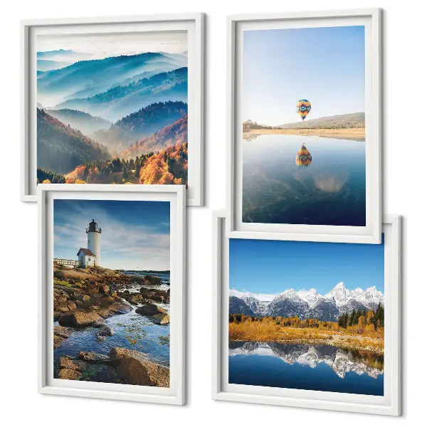 Políptico com moldura vistas da natureza com farol e montanhas