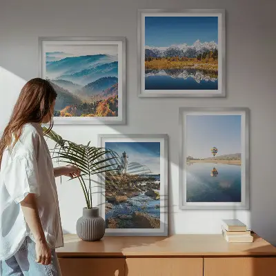 Políptico com moldura vistas da natureza com farol e montanhas