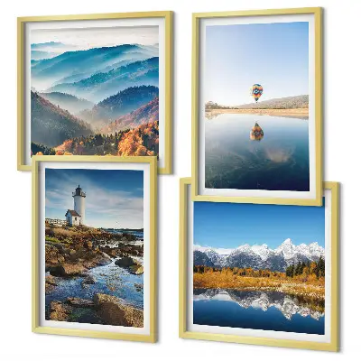 Políptico com moldura vistas da natureza com farol e montanhas