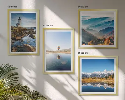 Políptico com moldura vistas da natureza com farol e montanhas
