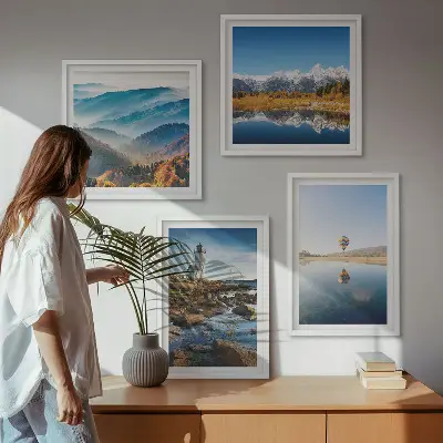 Políptico com moldura vistas da natureza com farol e montanhas