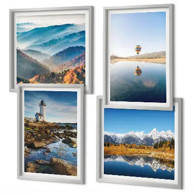 Políptico com moldura vistas da natureza com farol e montanhas