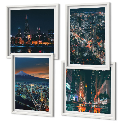 Conjunto de 4 quadros com moldura Vista da cidade a partir da montanha à noite.