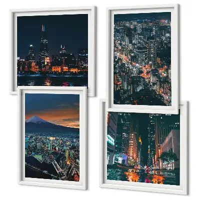 Conjunto de 4 quadros com moldura vista noturna da cidade a partir da montanha