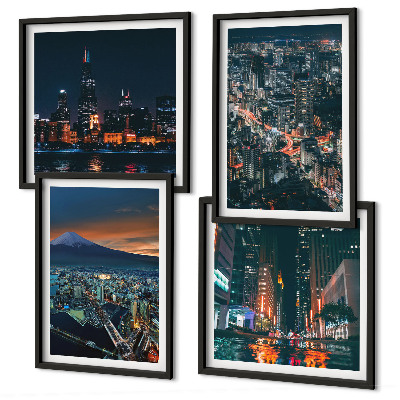 Conjunto de 4 quadros com moldura Vista da cidade a partir da montanha à noite.