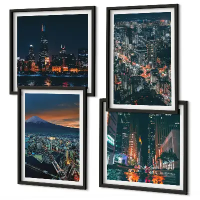 Conjunto de 4 quadros com moldura vista noturna da cidade a partir da montanha