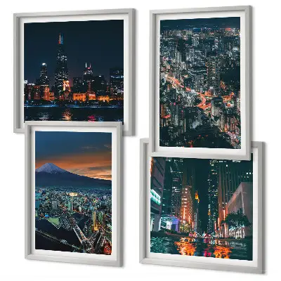 Conjunto de 4 quadros com moldura vista noturna da cidade a partir da montanha