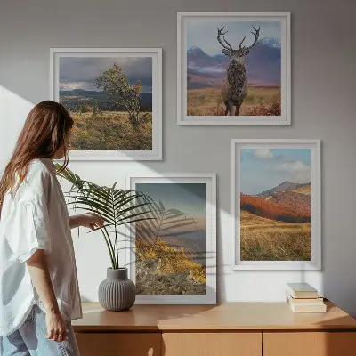 Políptico com moldura paisagens de montanha com relva de veado
