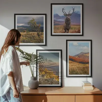 Políptico com moldura paisagens de montanha com relva de veado