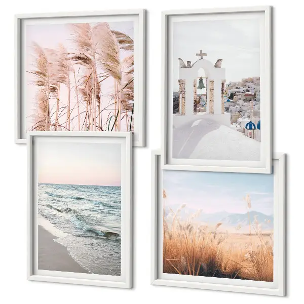 Composição de quadros com plantas, ondas do mar, vista e casas