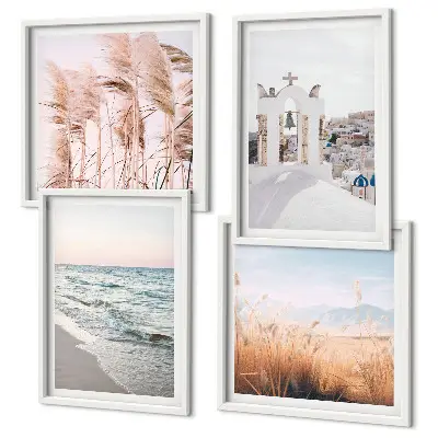 Composição de quadros com plantas, ondas do mar, vista e casas