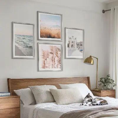 Composição de quadros com plantas, ondas do mar, vista e casas