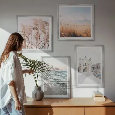 Composição de quadros com plantas, ondas do mar, vista e casas