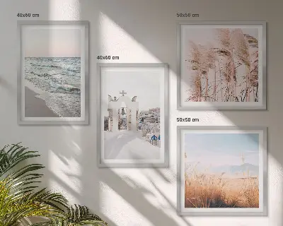 Composição de quadros com plantas, ondas do mar, vista e casas