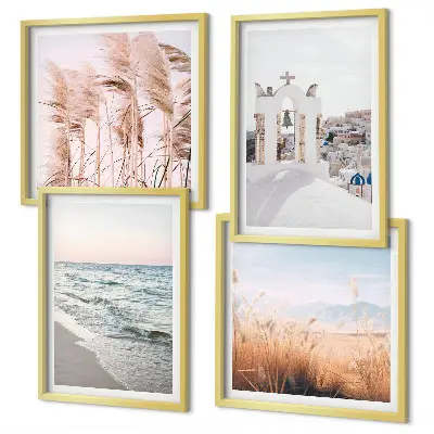 Composição de quadros com plantas, ondas do mar, vista e casas