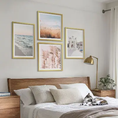 Composição de quadros com plantas, ondas do mar, vista e casas